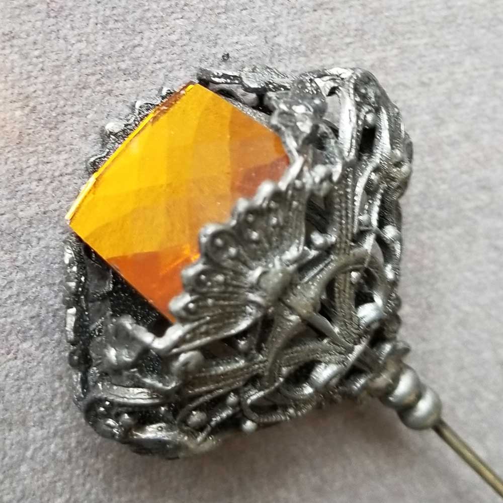 Hat Pin, Amber Crystal in Pewter