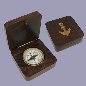 Compass in Box with Inlaid Brass Anchor